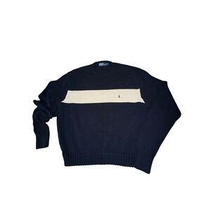 Polo Ralph Lauren Mens XXL Navy Blue Cream Stripe Cotton Shaker Knit Sweater